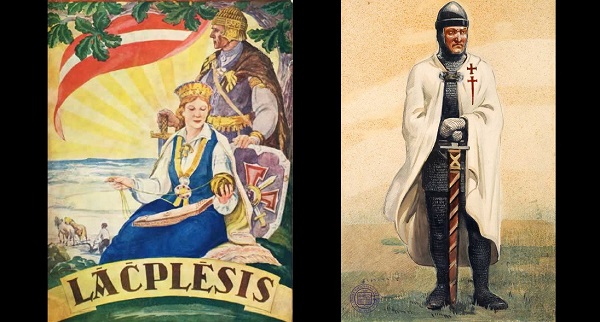 Mythical Latvian hero Lāčplēsis and a German knight.