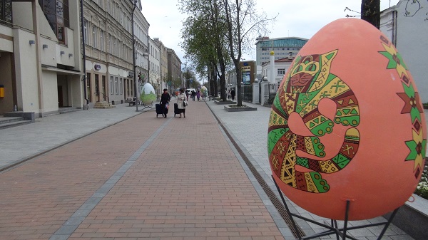 Easter eggs line the main street of Daugavpils