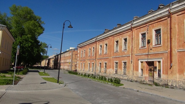 Lines of old fortress buildings converted into apartment blocks