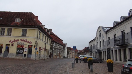 Main square of Kuldīga with old brick buildings, typical for Courland main towns