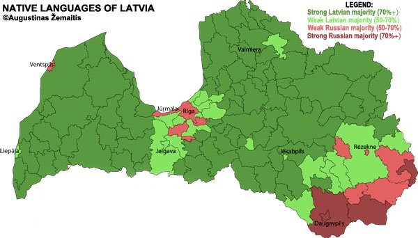 Map of majority languages in each Latvian region