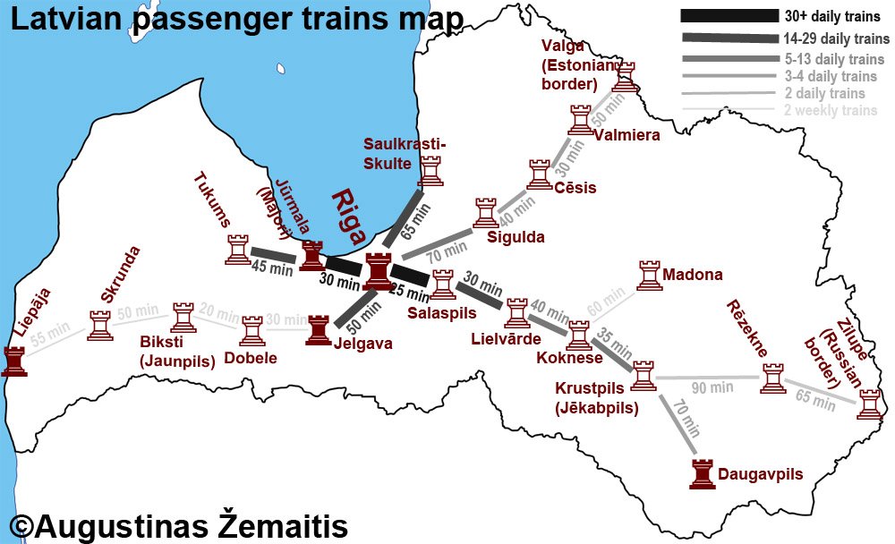 The map of Latvian passenger railways