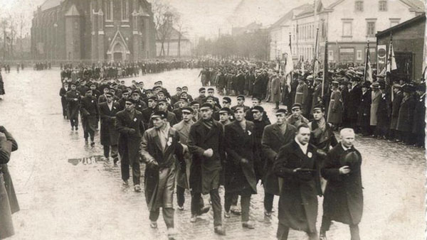 Mostly ethnic Latvian college students parading in Liepāja of 1939