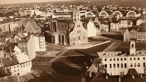 Riga after Soviet re-occupation with parts of Old Town destroyed in order to create open fields or be rebuilt in a Soviet style