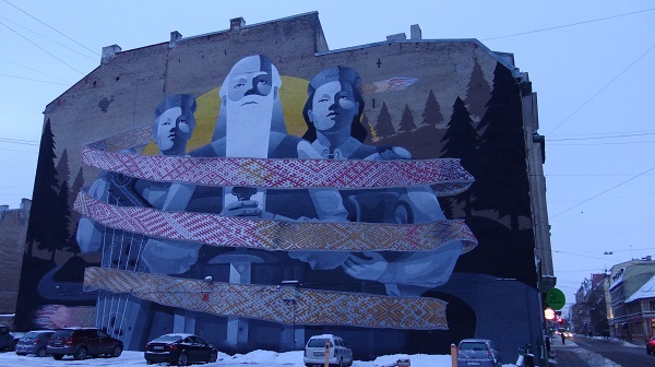 The mural of Latvian song festivals ir Central Riga